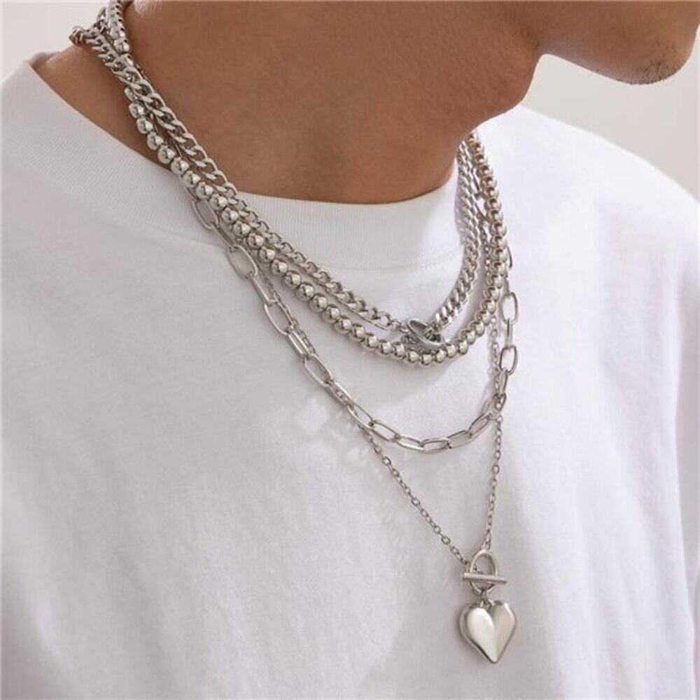 Chunky Layered Necklace Set  Paperclip Chain, Beaded Ball & Heart Pendant